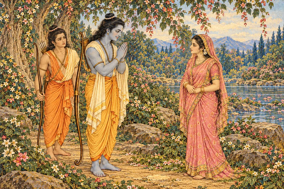 Rama greets Sati in her assumed Sita form with joined hands while an astonished Lakshmana watches.