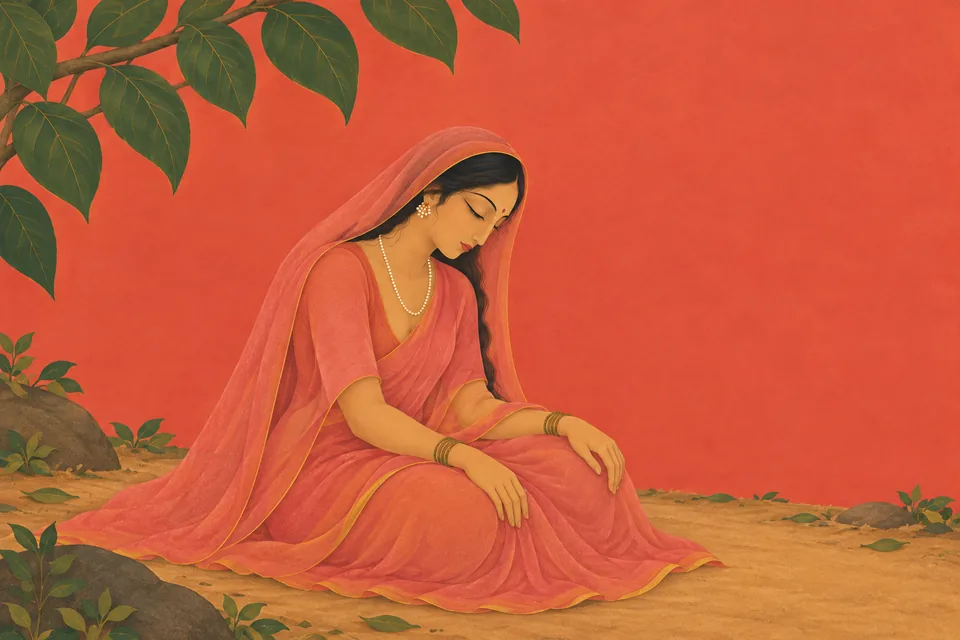 Sati sits on the forest path with eyes closed, overwhelmed by the vision she has seen.