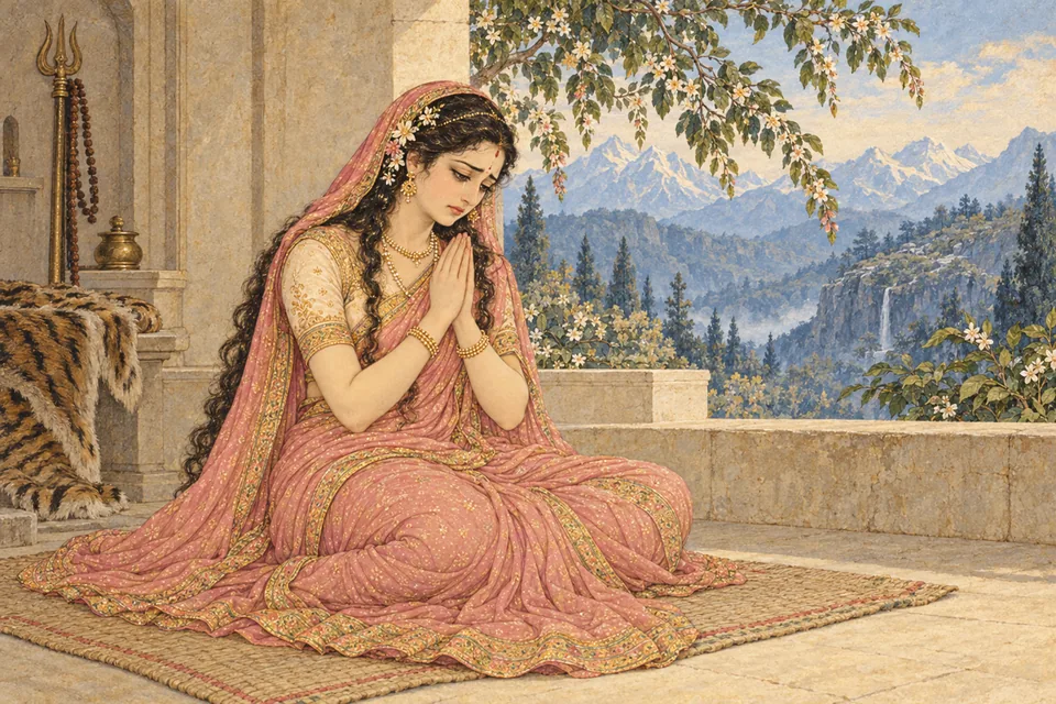 Sati prays with joined hands in deep distress at her mountain dwelling; no death act is depicted.