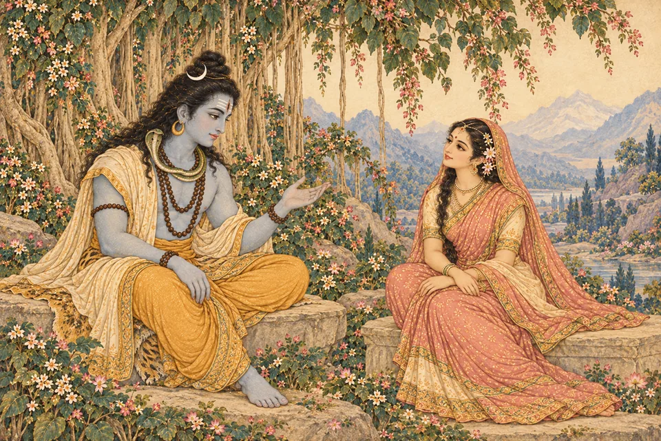 Shiva explains the yajna at Sati's father's home while Sati listens with restrained interest.