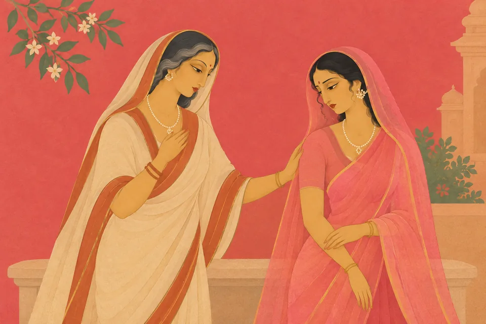 Sati's unnamed mother gently comforts her at Daksha's home; Sati looks troubled.