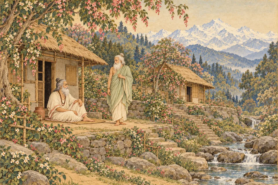 Two unnamed representative sages settle beside modest Himalayan hermitages in the prosperous setting after Parvati's birth.