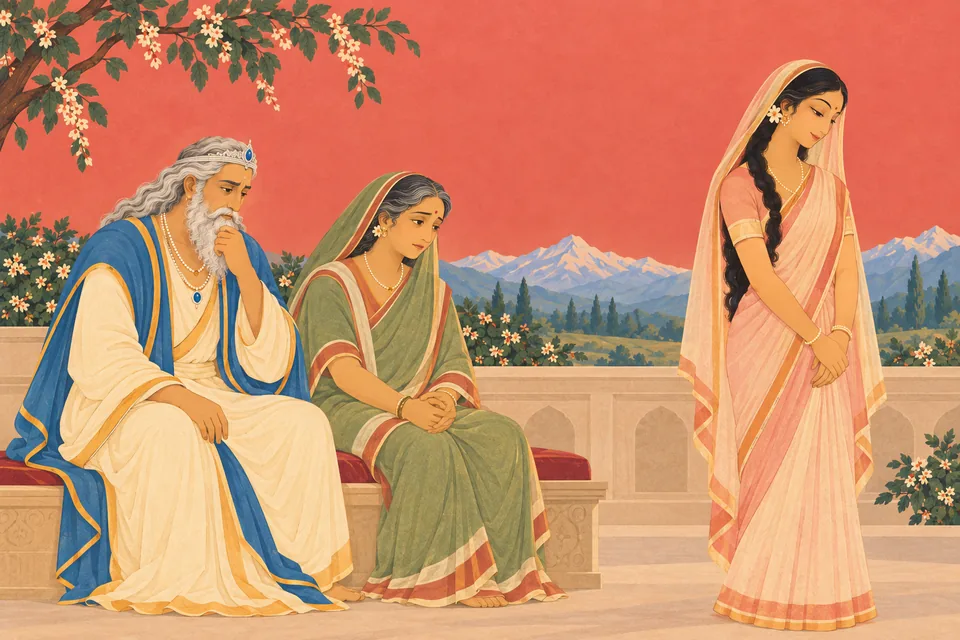 Himavan and Maina look concerned after the prediction, while Uma stands quietly with restrained inward pleasure.
