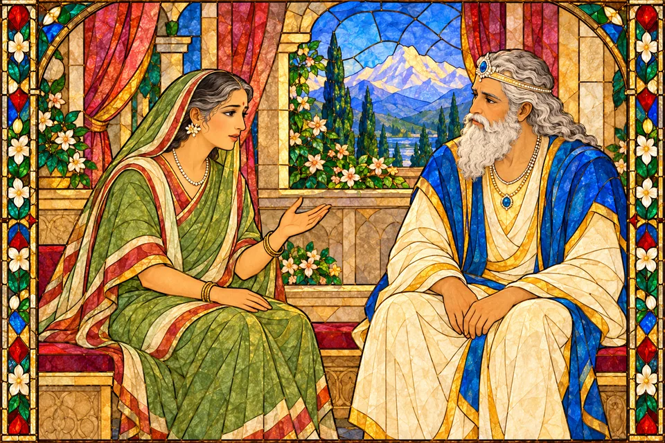 Maina privately speaks to Himavan about finding a fitting marriage for their cherished daughter; Himavan listens attentively.