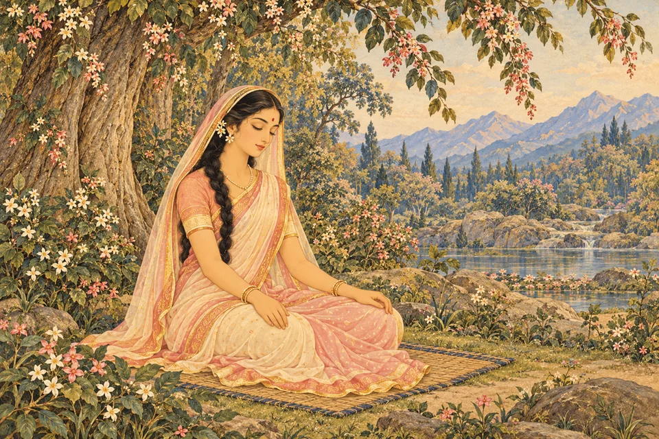 Uma sits in quiet forest meditation, inwardly remembering her beloved husband's feet.