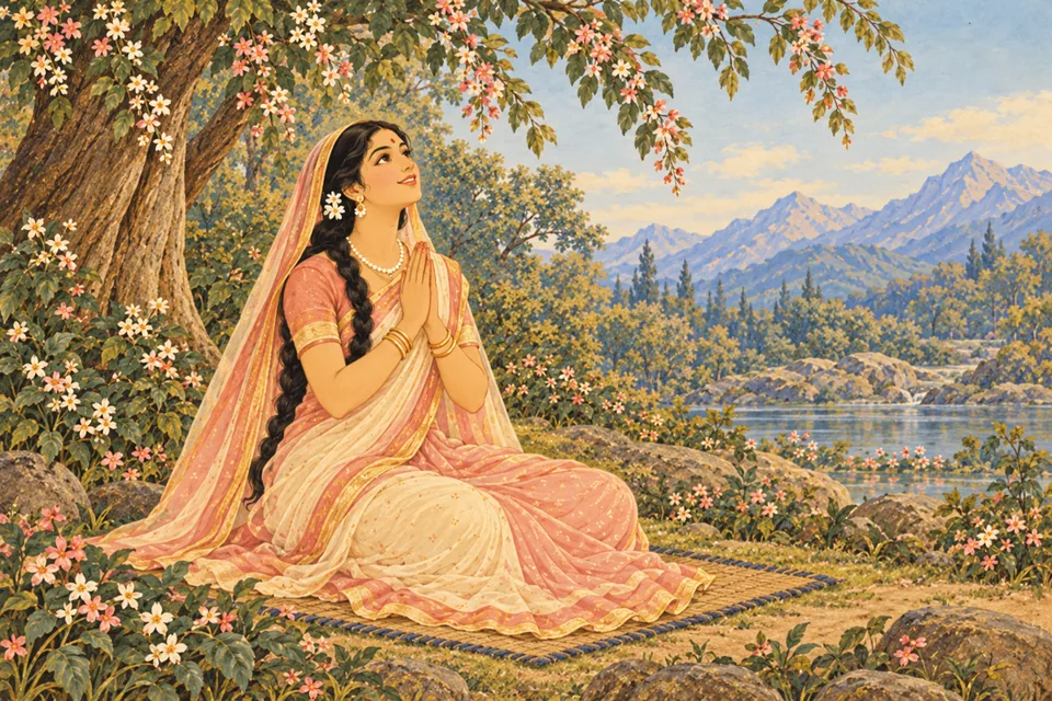 Uma responds joyfully to the heavenly words, smiling with her hands joined in the forest.