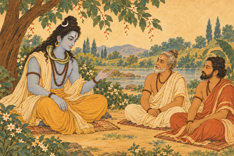 Shiva gently teaches knowledge to two representative unnamed sages seated in a quiet grove.