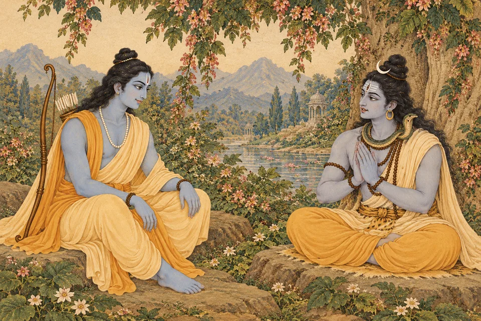 Shiva respectfully replies with joined hands while Rama listens with quiet pleasure.