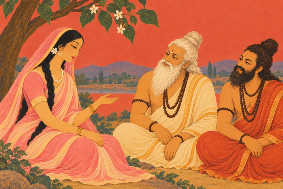 Uma calmly affirms her trust in Narada's guidance while two representative sages listen; the other five are outside the close view.