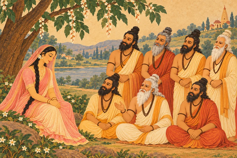 Seven sages recognize Uma's love and praise Jagadambika Bhavani while she sits calmly in the grove.