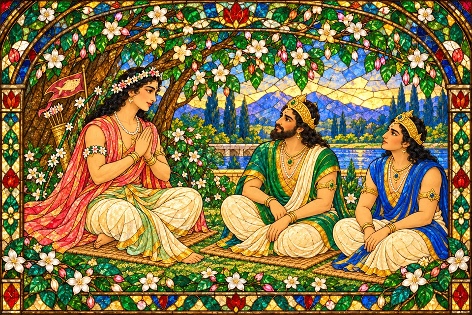 Kama agrees earnestly to help the gods, joining his hands while two representative devas listen.
