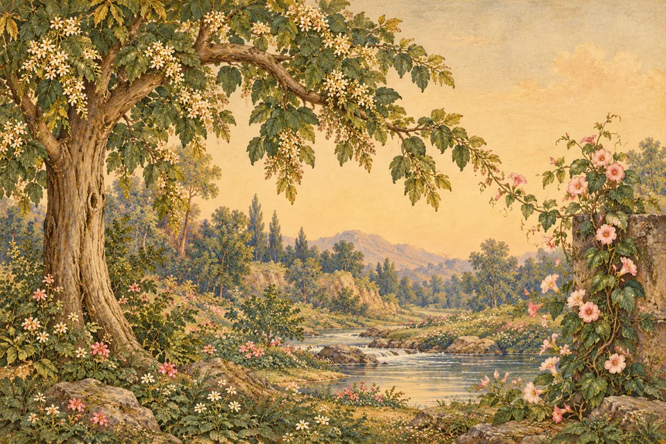 A tree's gently inclined branch reaches toward a distinct flowering vine, illustrating the selected poetic botanical image.