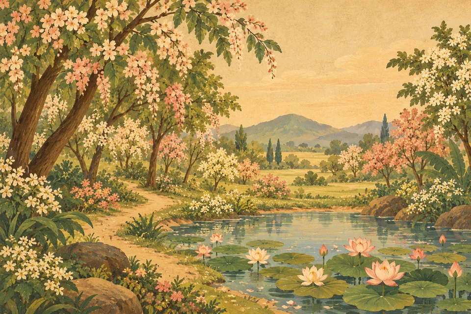 Flowering new trees, a woodland path and a quiet lotus pond illustrate the selected spring landscape.