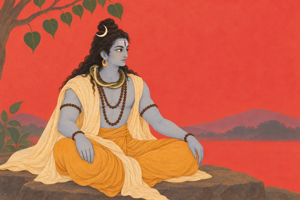 Shiva opens his eyes and looks around with alert disturbance after samadhi breaks, before the later third-eye event.