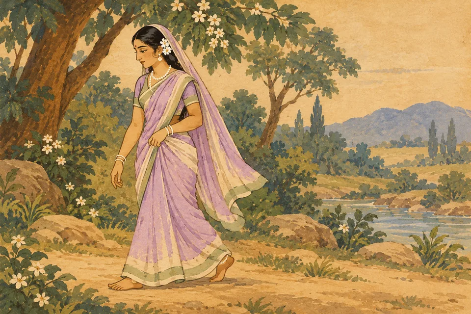 Rati departs quietly after hearing Shiva's promise, walking alone through a grove; the reunion remains future.