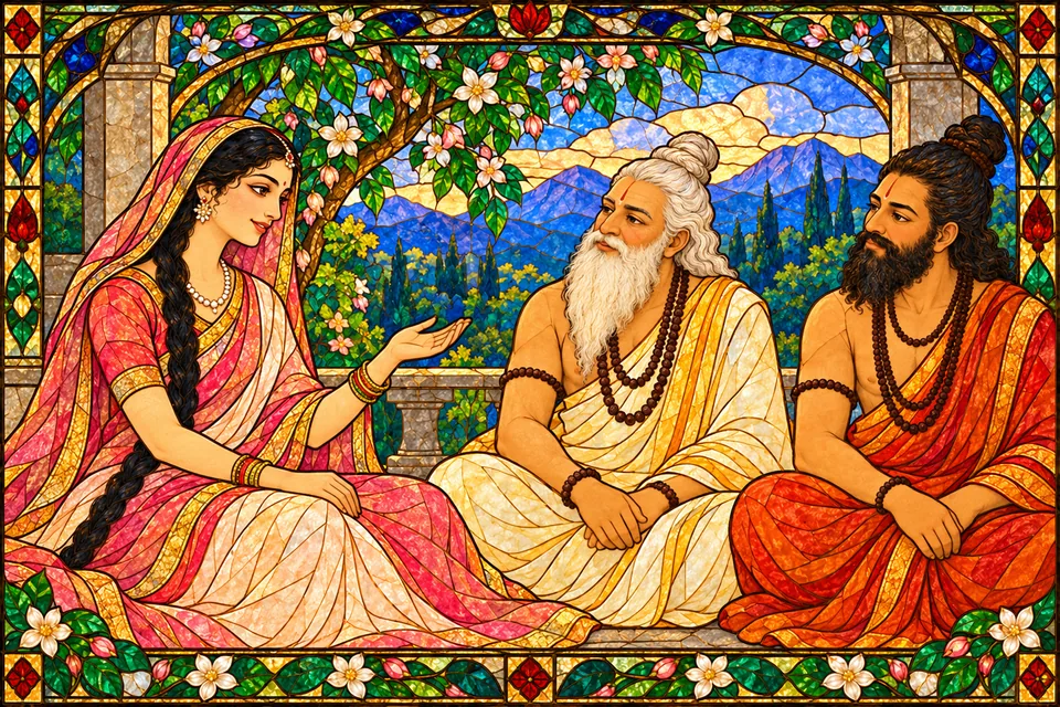Uma smiles and confidently replies about her understanding of Shiva and her devotion, while two representative sages listen.