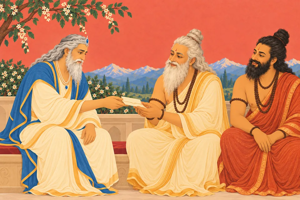 Himavan respectfully hands the wedding-letter to two representative sages; the other five sages are outside the close crop.