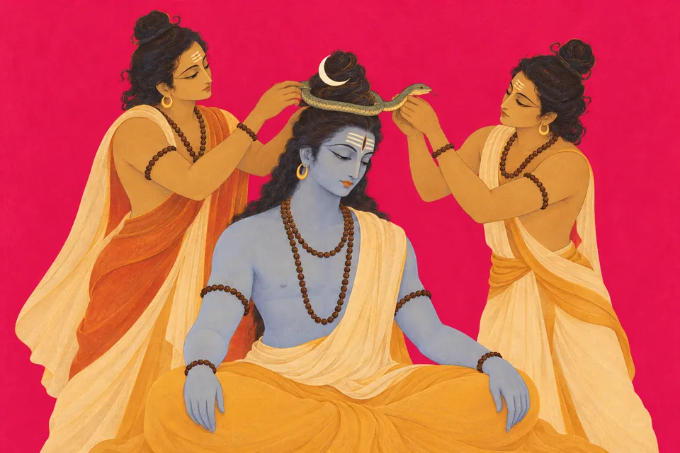 Two attendants arrange a serpent coronet around seated Shiva’s matted hair crown.