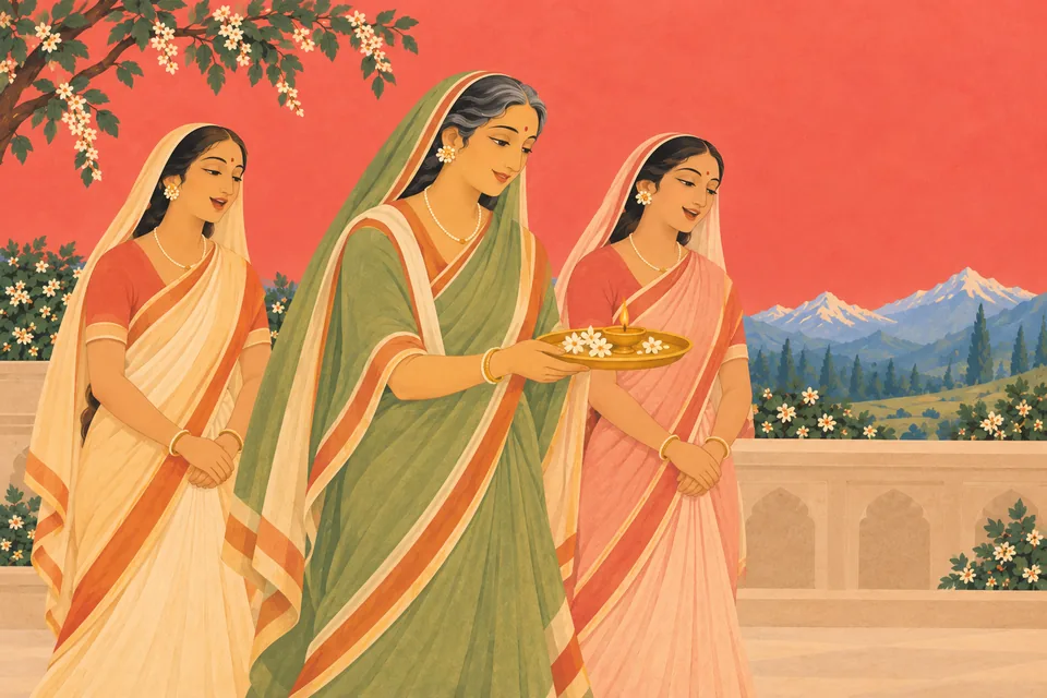 Maina joyfully carries a golden arati tray, accompanied by two singing women.