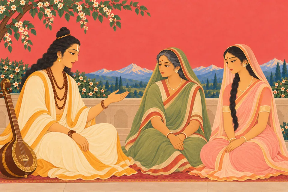 Narada explains Uma’s identity to attentive Maina while adult Uma listens quietly.
