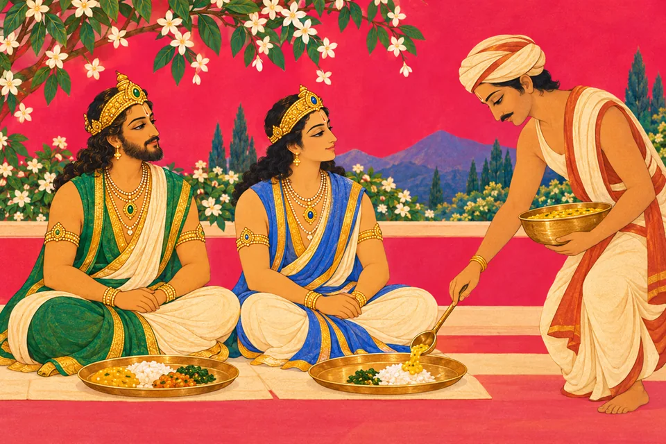 A cook serves food to one of two representative deva guests seated at the feast.