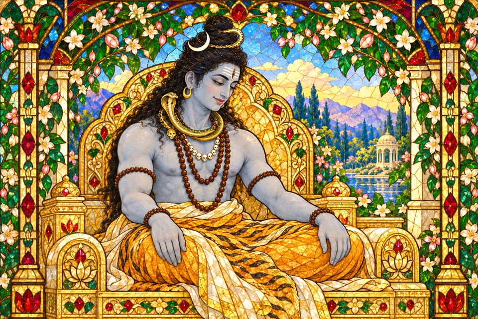 Shiva sits quietly on the prepared divine throne in inward remembrance, after bowing to the Brahmins.