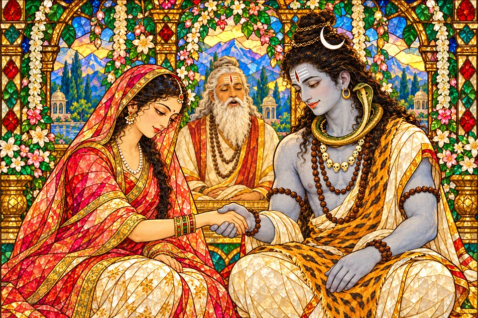 Shiva takes adult Uma’s hand in the marriage rite while a representative sage chants behind them.