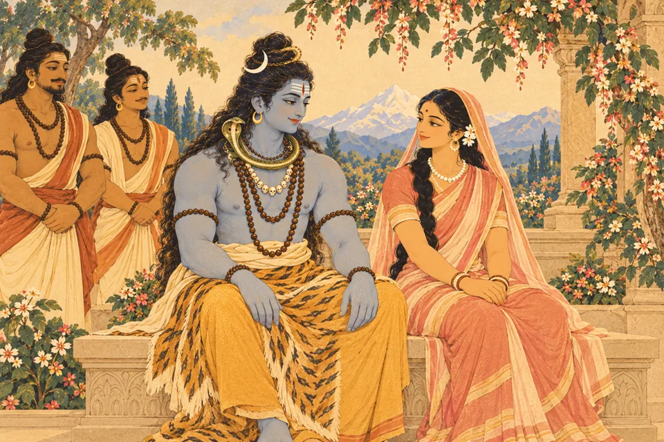 Shiva and adult Uma sit peacefully at their imagined Kailasa home with two representative ganas nearby.