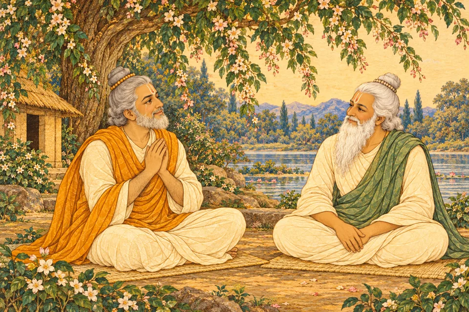 Bharadvaja smiles through a joyful tear, speechless with love, while Yajnavalkya watches with delight.