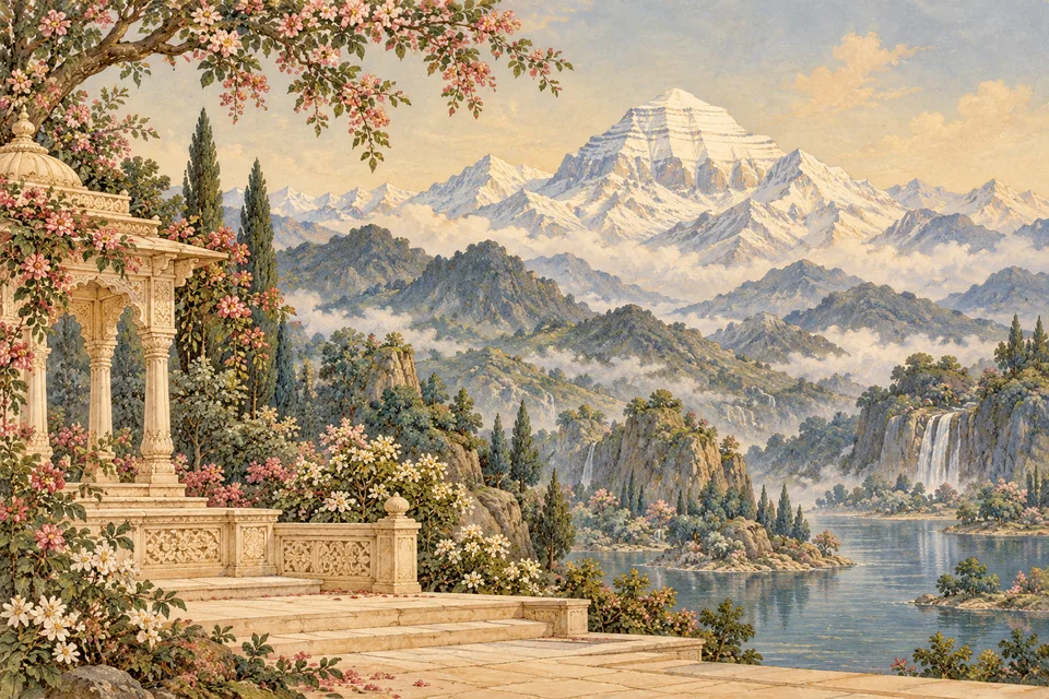An imagined Kailasa mountain vista with a quiet terrace, flowering boughs and distant snowy peak.