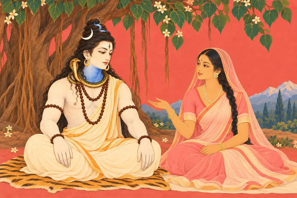 Adult Uma sits on Shiva’s left and smiles while speaking affectionately as he listens.