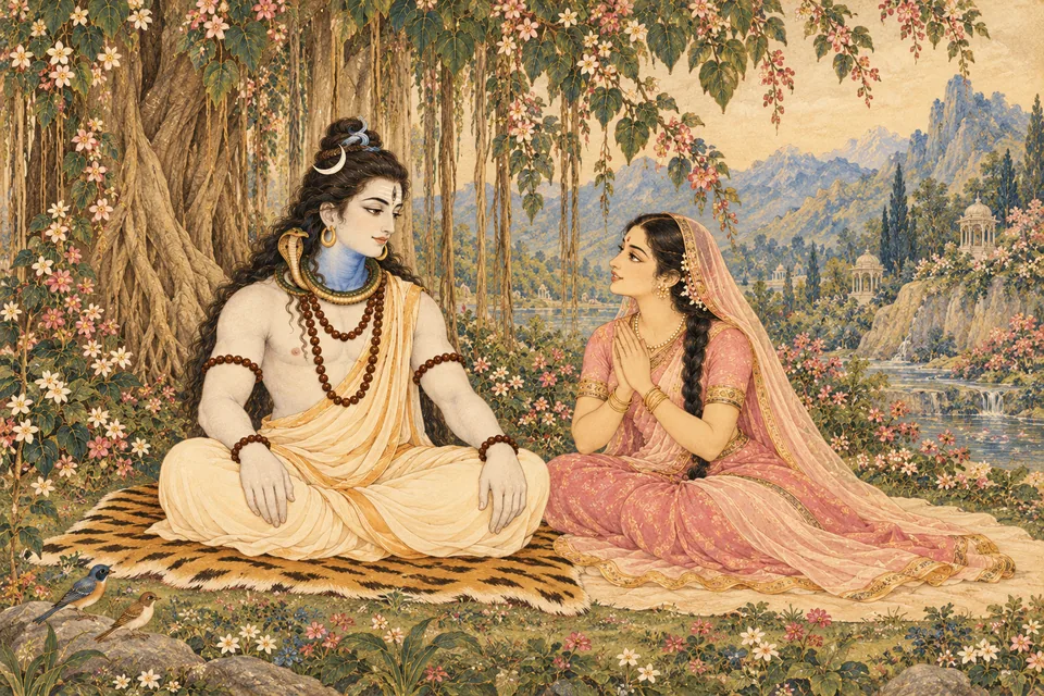 Uma joins her palms and earnestly asks quiet Shiva to tell the holy story of Rama beneath a flowering banyan.