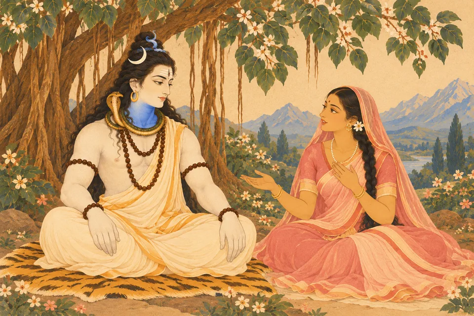 Uma earnestly asks Shiva why formless Brahman took embodied form, with one hand at her chest and one open asking palm.