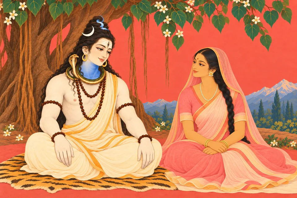 Shiva smiles gently with tears of loving joy as Uma sits quietly beside him beneath the banyan.