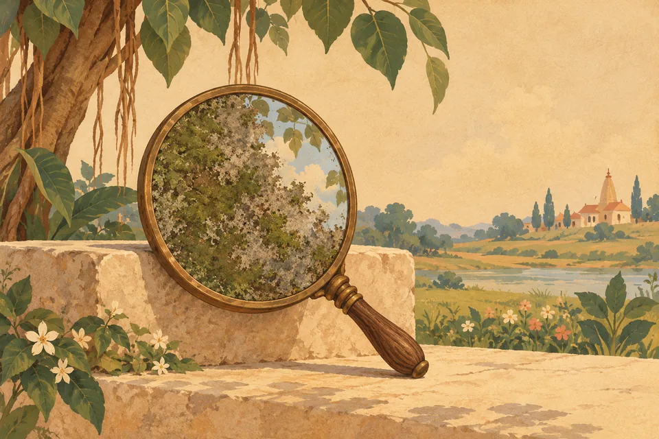 A symbolic handmirror obscured by moss and dull film represents the verse's mind-mirror comparison; no actual narrative object event.