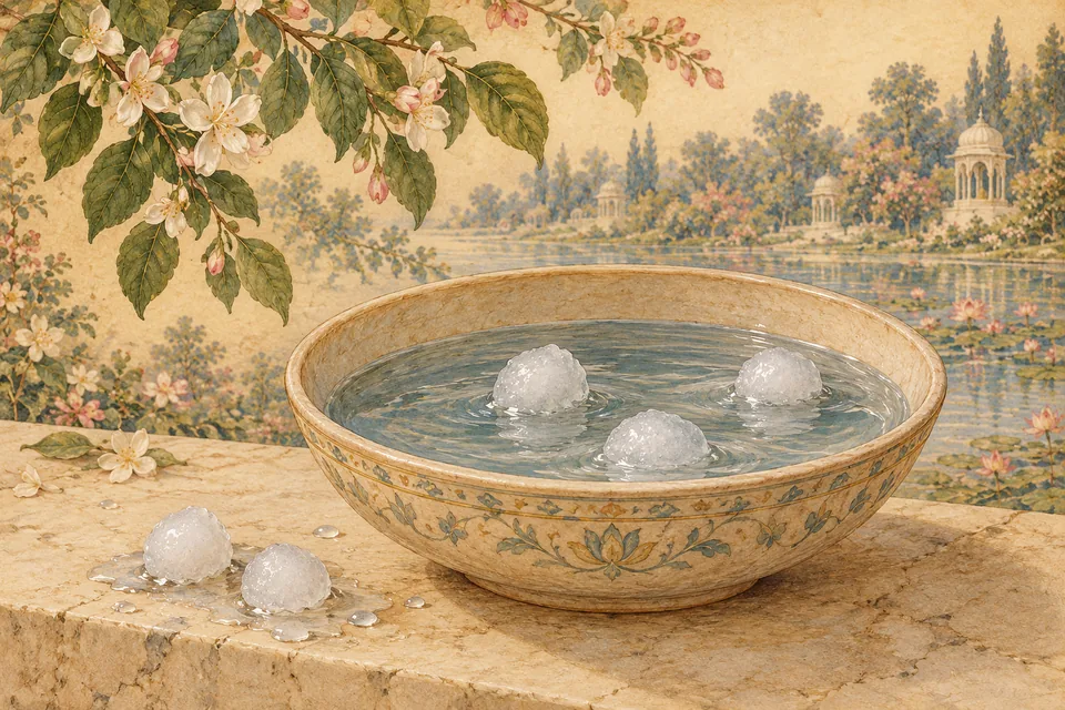 A symbolic bowl of water with rounded ice or hail pellets illustrates the source's comparison; no actual narrative demonstration.
