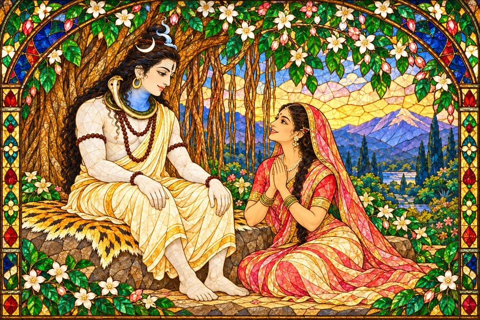 Uma gratefully speaks with palms joined at her chest, saying she understands Rama's nature; Shiva listens from an artistically imagined low seat.