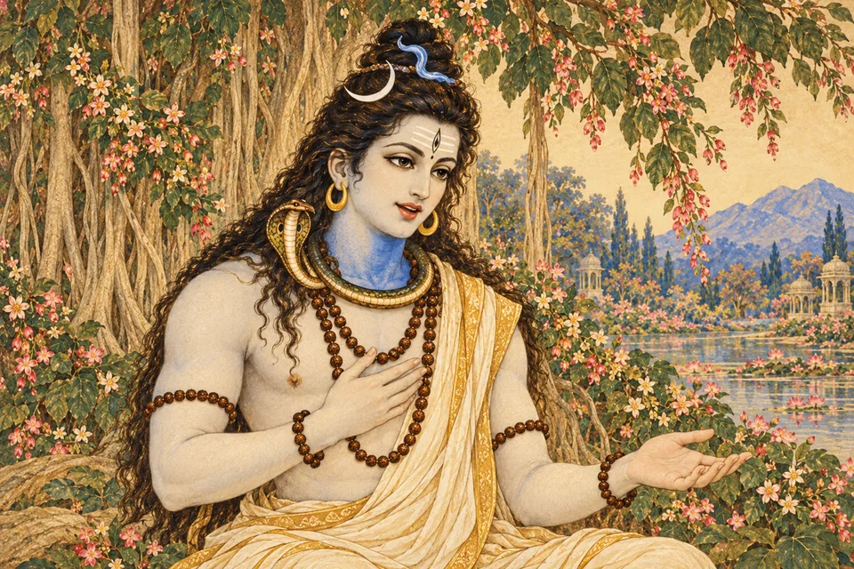 Shiva speaks modestly with one hand at his chest and one explanatory palm, offering the causes as he understands them; Uma is outside the selected crop.