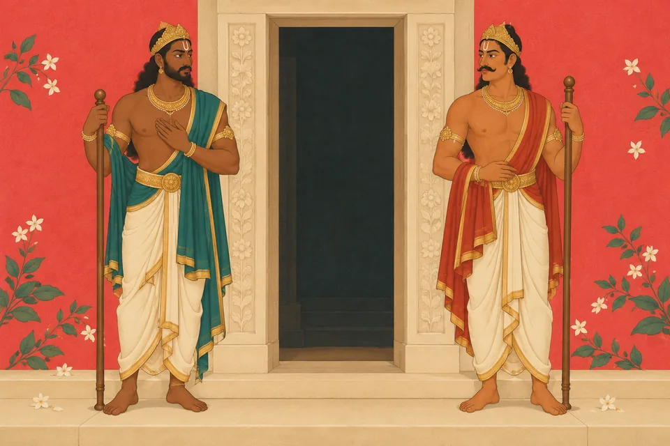 Imagined Jaya and Vijaya stand respectfully as Hari's two gatekeepers before the curse; appearances and doorway are artistic conventions.