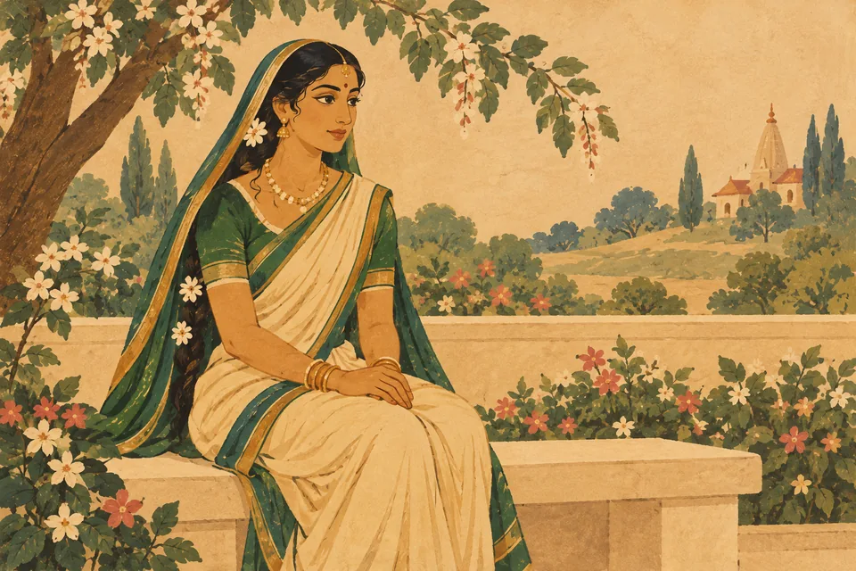 Imagined portrait of Jalandhara's devoted wife, unnamed in the verse and called Vrinda in the adjacent Hindi; appearance and garden are artistic conventions.