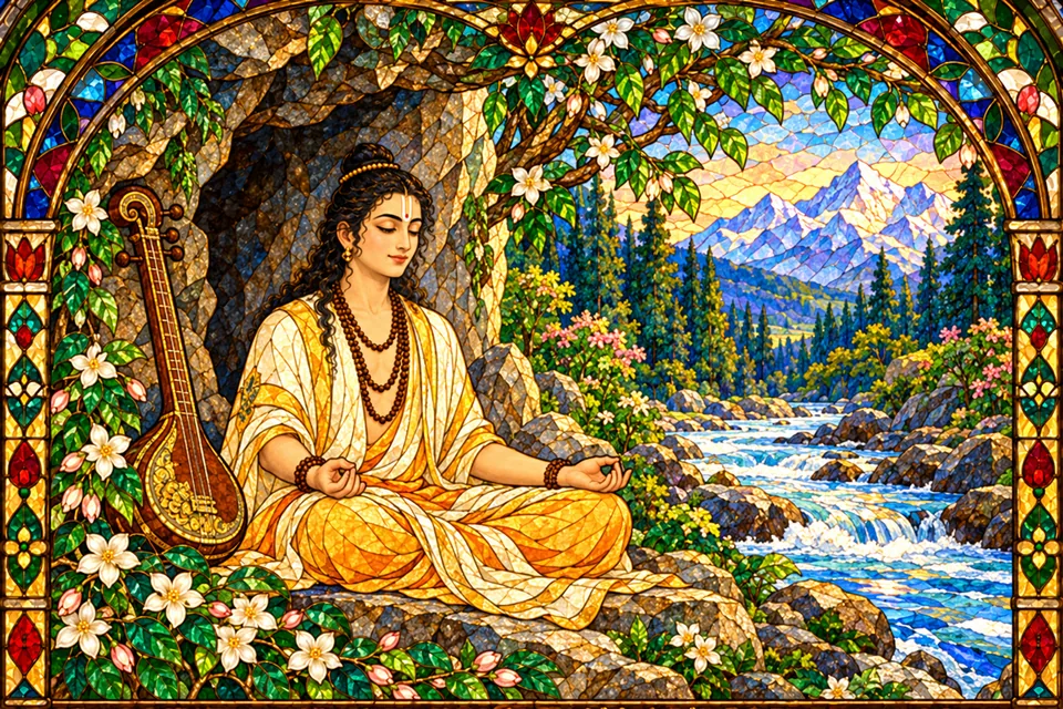 Narada meditates at a Himalayan cave beside the flowing Ganga; his vina rests nearby.