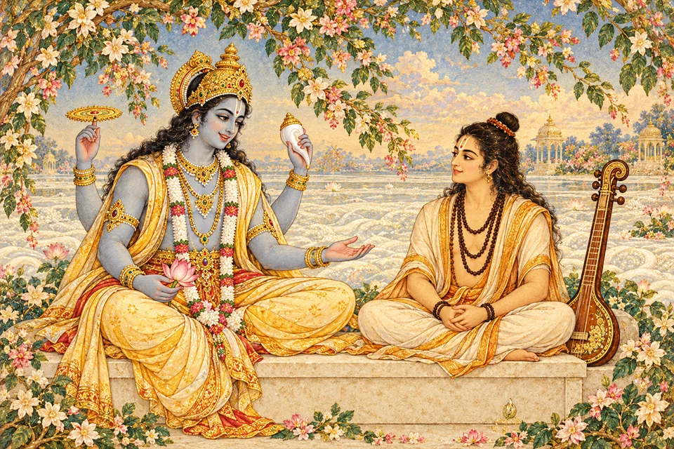 The Lord smiles in welcome while seated together with Narada beside the cosmic milk-ocean.