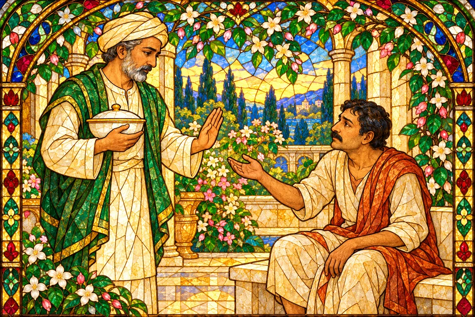 A symbolic physician withholds harmful requested food from a patient, illustrating the Lord's comparison about welfare.