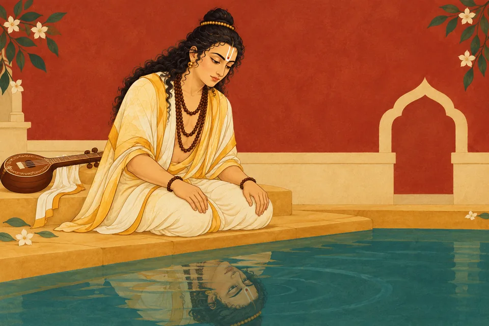 Narada sees his restored human form in the water, yet remains dissatisfied.