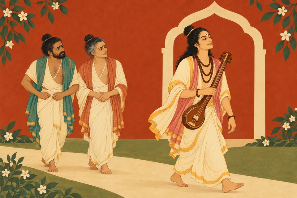 Two Rudra attendants observe joyful Narada walking on the path after his delusion has passed.