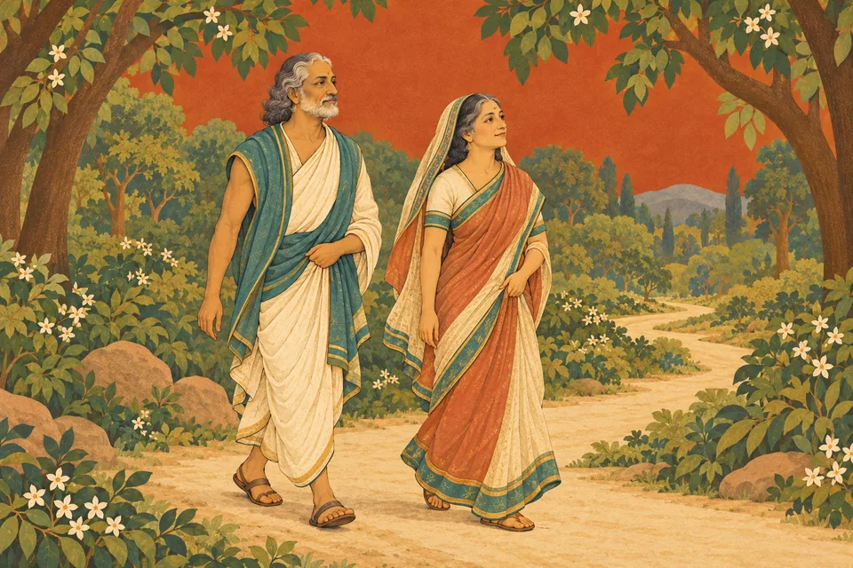 Manu and Shatarupa walk joyfully and steadfastly toward Naimish forest.