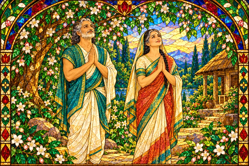 Manu and Shatarupa stand restored to healthy bodies after hearing the Lord's heavenly voice.