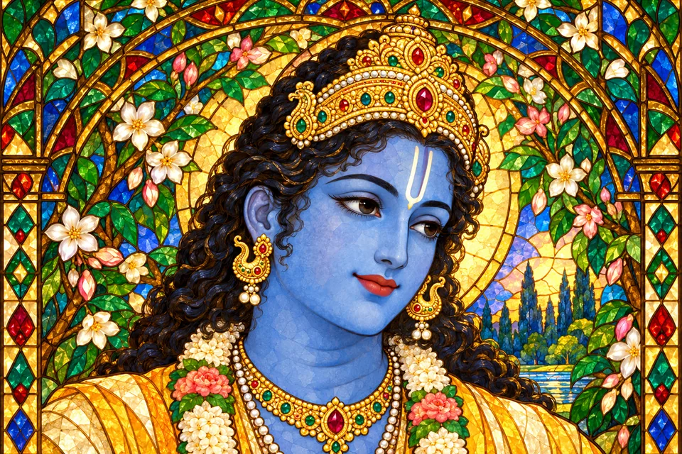 The Lord's face, threefold conchlike neck, makara earrings, crown and curls in a close portrait.