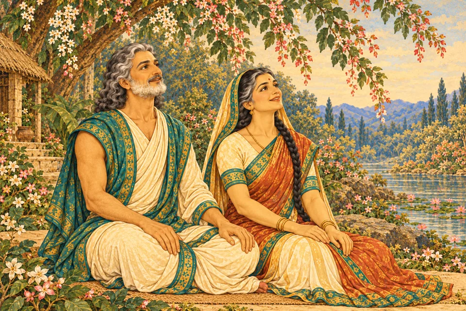 Manu and Shatarupa gaze joyfully and reverently at the Lord's beauty, unable to be sated.