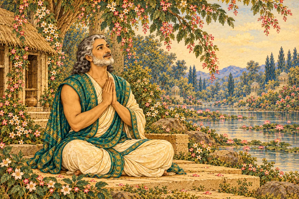 Manu joins his hands and speaks softly to the Lord before expressing his great wish.